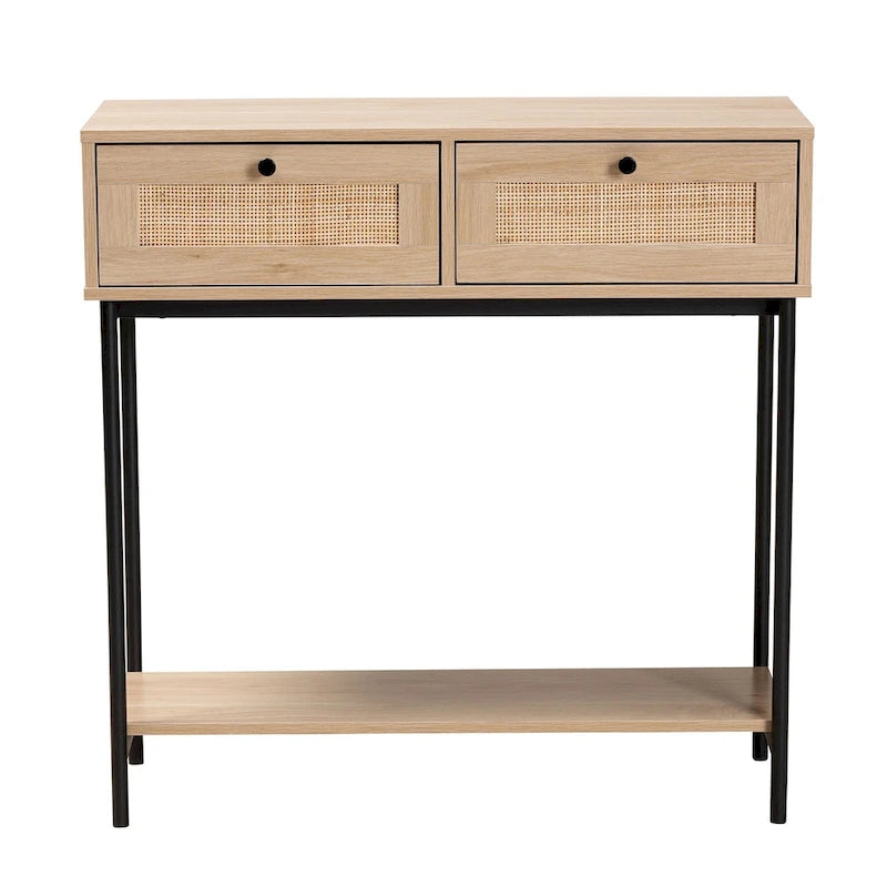 Console Sherwin Mid-Century Modern en brun clair et noir avec 2 tiroirs et accent en rotin tressé