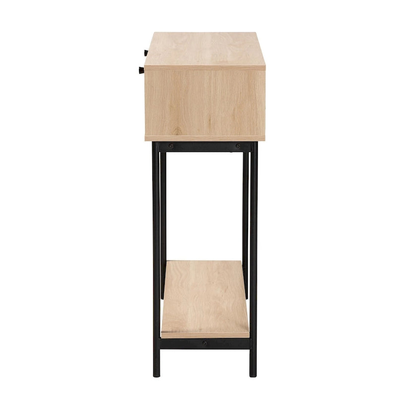 Console Sherwin Mid-Century Modern en brun clair et noir avec 2 tiroirs et accent en rotin tressé