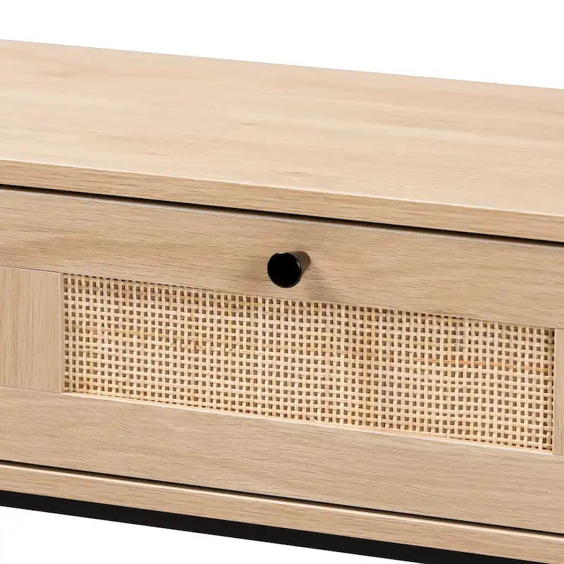 Console Sherwin Mid-Century Modern en brun clair et noir avec 2 tiroirs et accent en rotin tressé
