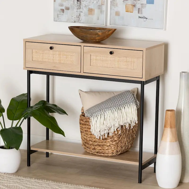 Console Sherwin Mid-Century Modern en brun clair et noir avec 2 tiroirs et accent en rotin tressé