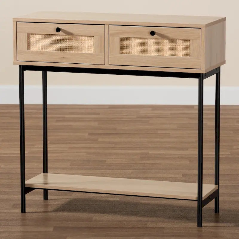 Console Sherwin Mid-Century Modern en brun clair et noir avec 2 tiroirs et accent en rotin tressé