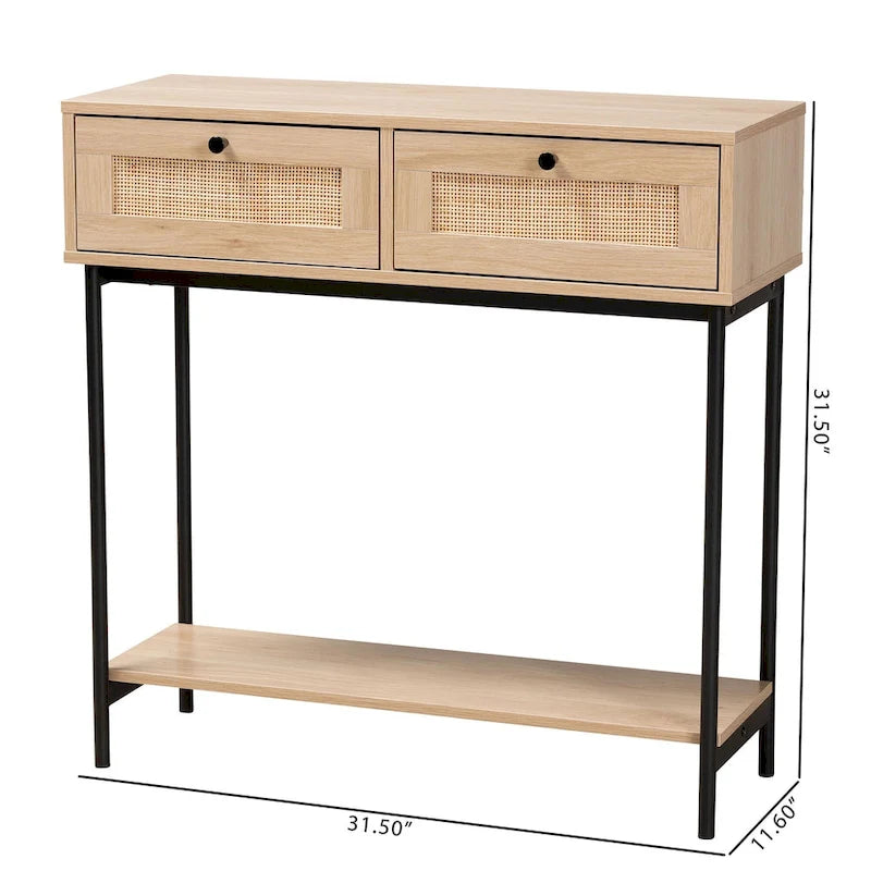 Console Sherwin Mid-Century Modern en brun clair et noir avec 2 tiroirs et accent en rotin tressé