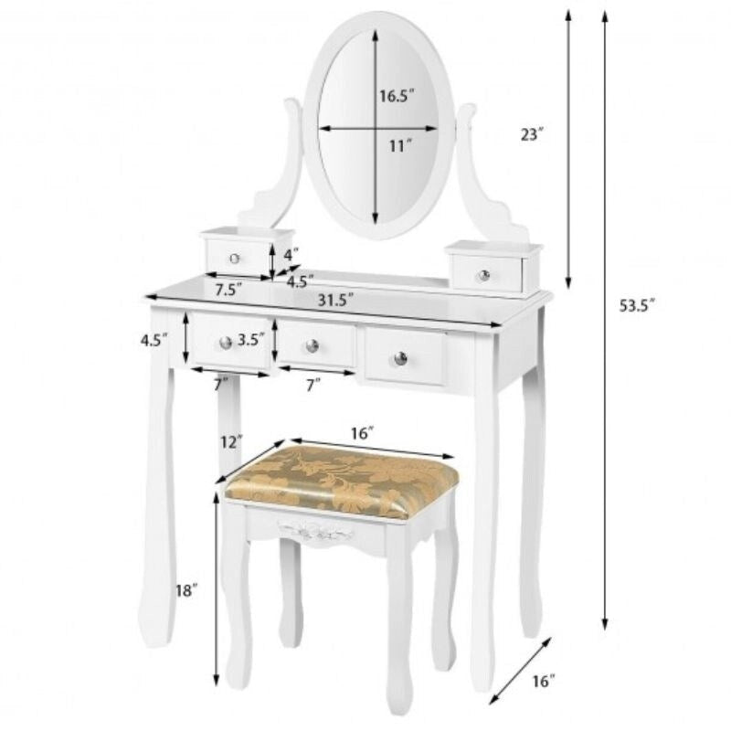 Coiffeuse avec miroir et 5 tiroirs - 80 x 40 x 136 cm (L x l x H)