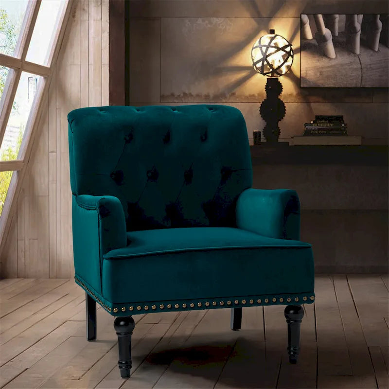 Fauteuil club capitonné Geltrude de HULALA HOME, de style transitionnel, avec pieds tournés en bois