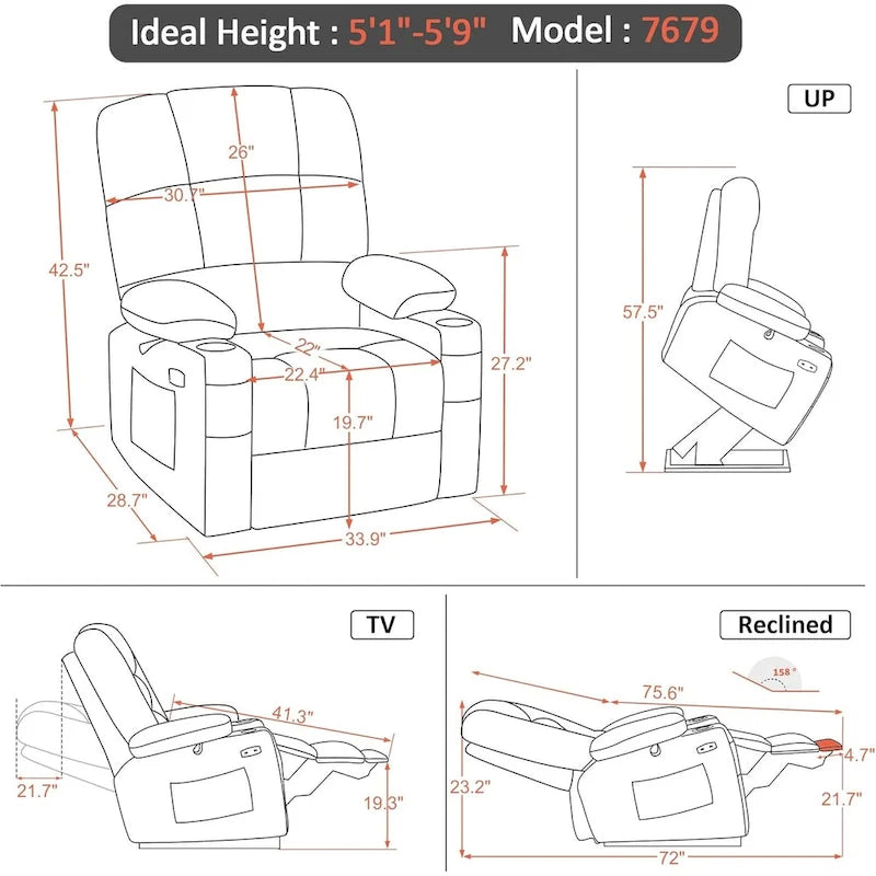 Fauteuil inclinable MCombo Medium Power Lift à double moteur avec massage et chauffage pour personnes âgées, similicuir 7679