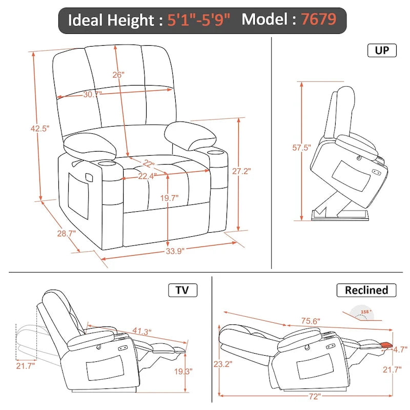 Fauteuil inclinable MCombo Medium Power Lift à double moteur avec massage et chauffage pour personnes âgées, similicuir 7679