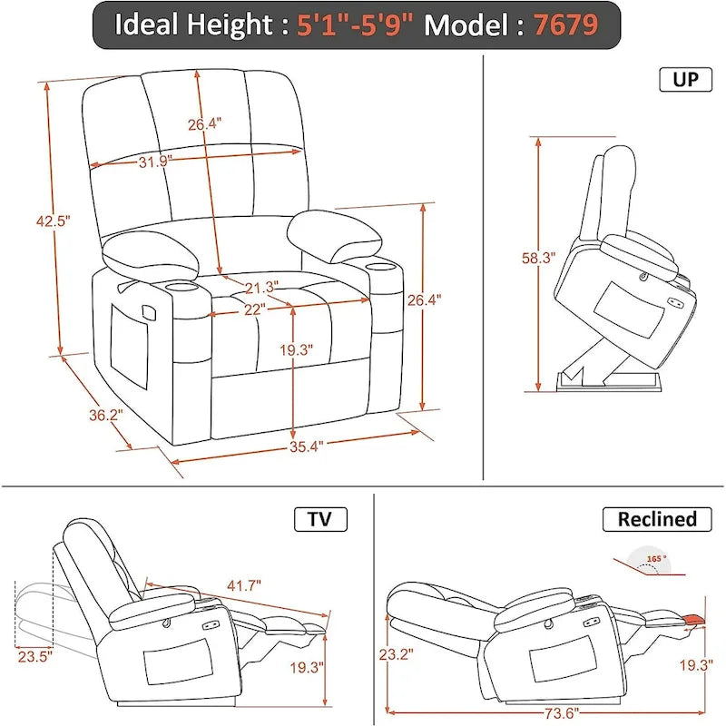 Fauteuil inclinable MCombo Medium Power Lift à double moteur avec massage et chauffage pour personnes âgées, similicuir 7679