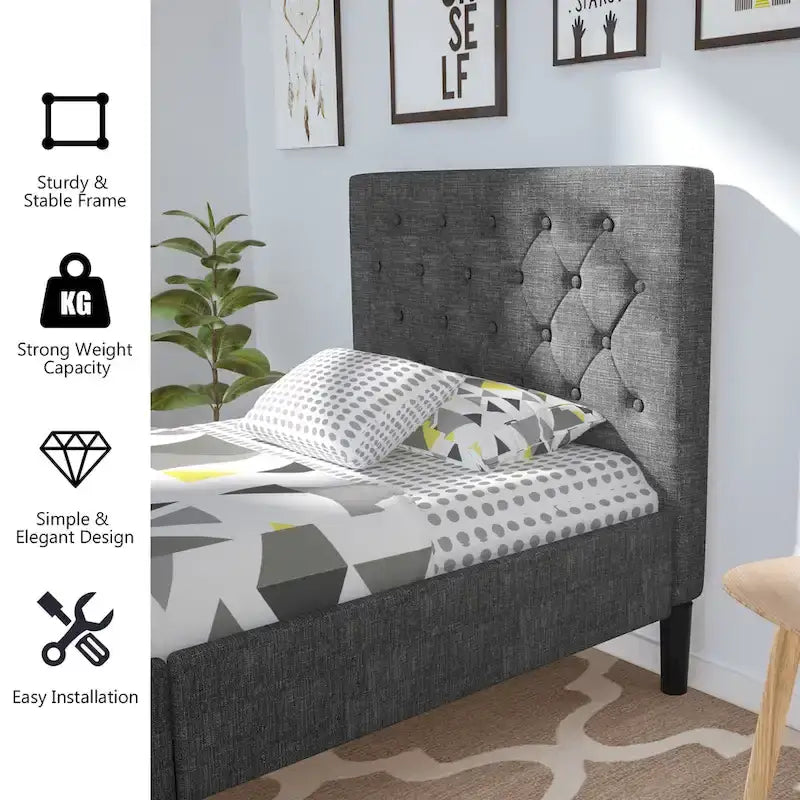 Costway Cadre de lit jumeau rembourré avec tête de lit capitonnée en losanges en bois