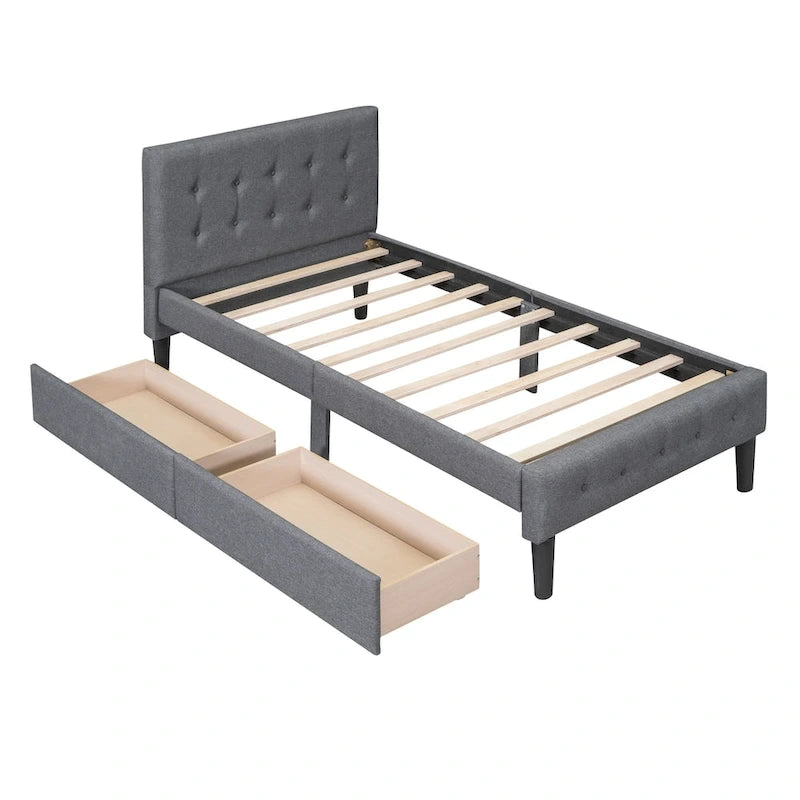 Lit plateforme rembourré de taille double avec 2 tiroirs