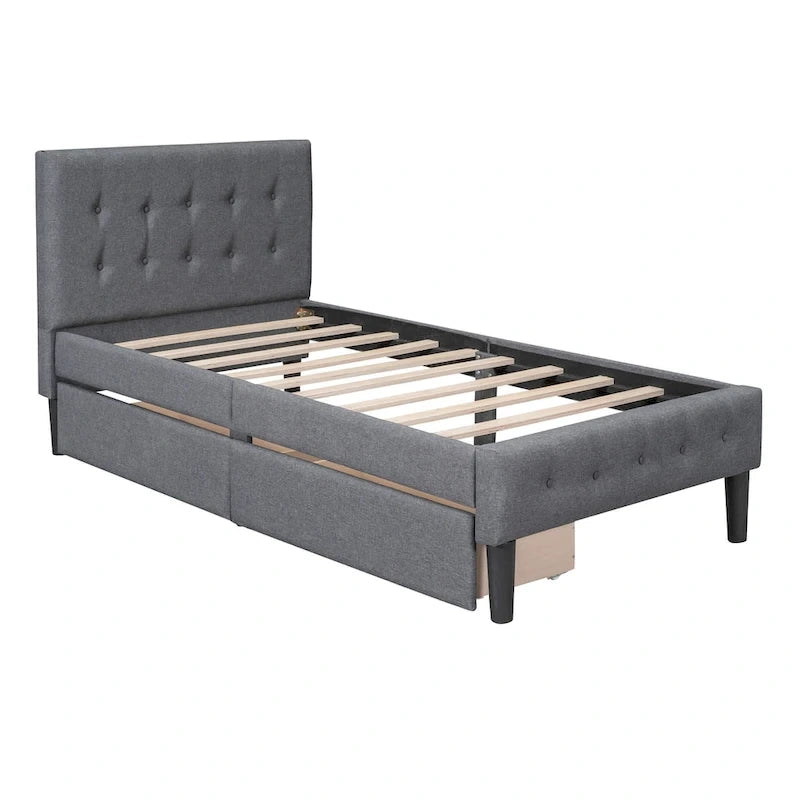 Lit plateforme rembourré de taille double avec 2 tiroirs