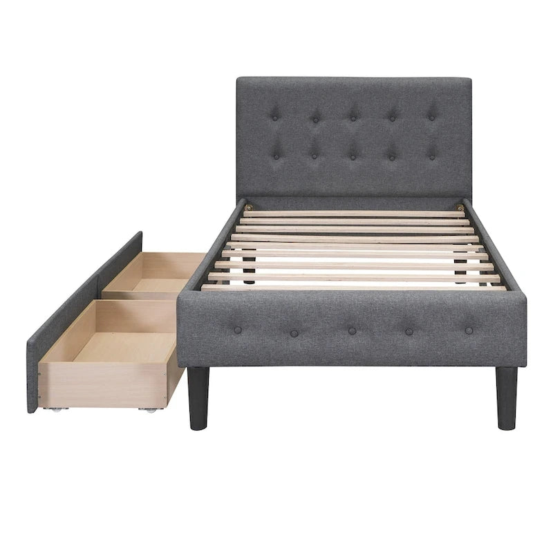 Lit plateforme rembourré de taille double avec 2 tiroirs