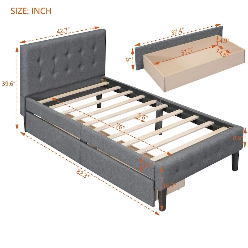Lit plateforme rembourré de taille double avec 2 tiroirs