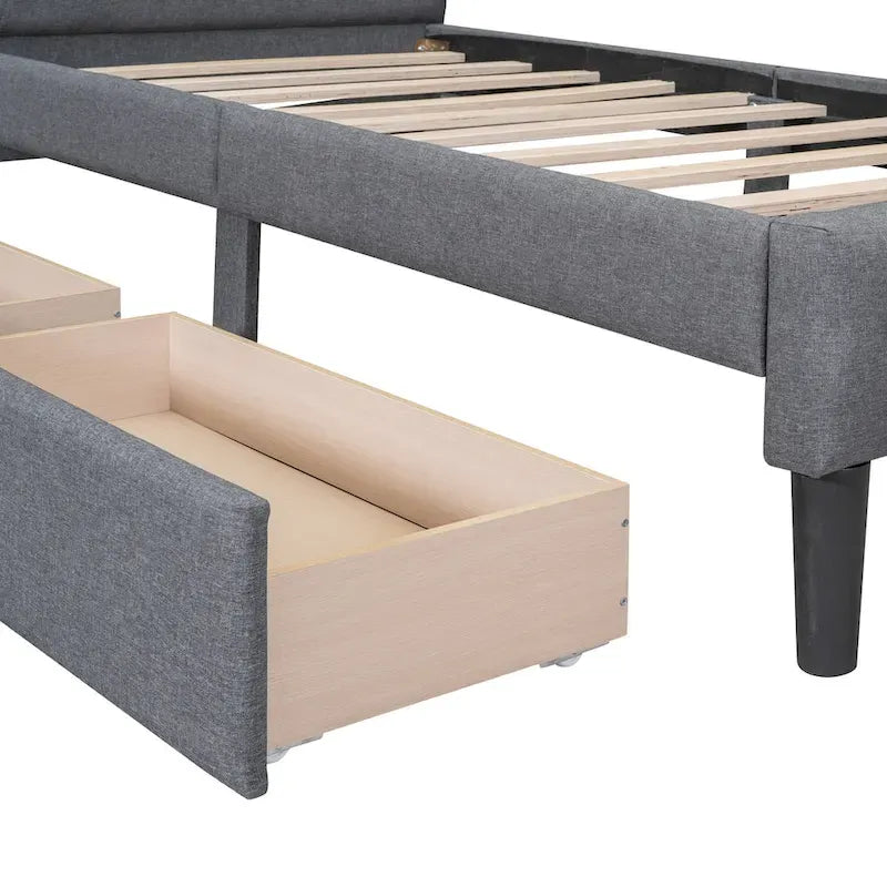 Lit plateforme rembourré de taille double avec 2 tiroirs