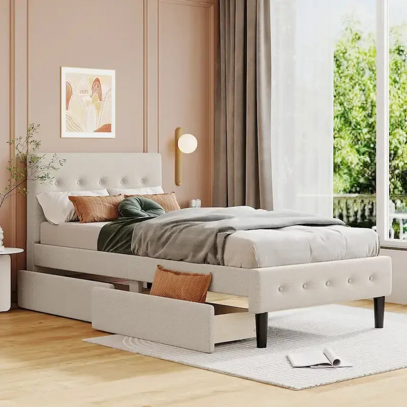 Lit plateforme rembourré de taille double avec 2 tiroirs