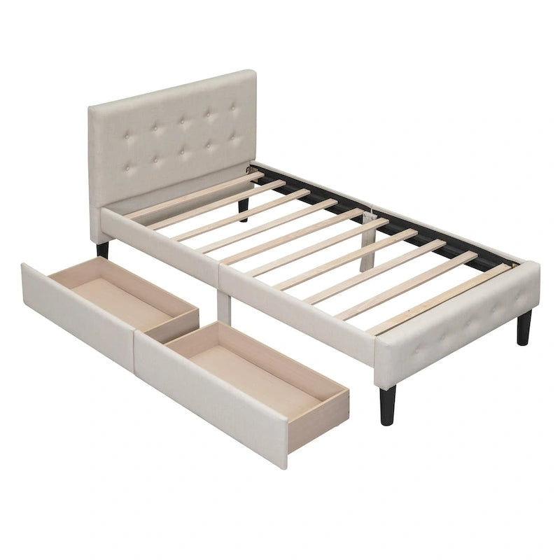 Lit plateforme rembourré de taille double avec 2 tiroirs