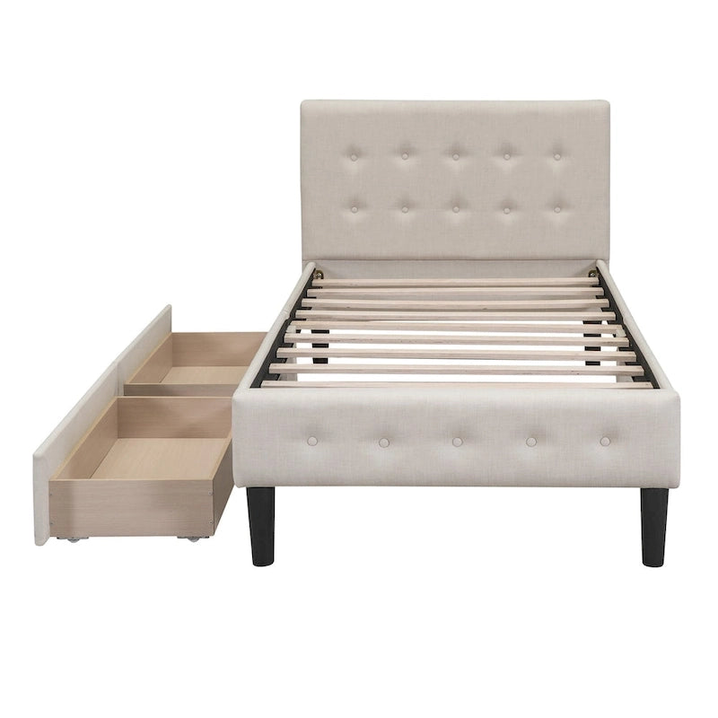 Lit plateforme rembourré de taille double avec 2 tiroirs
