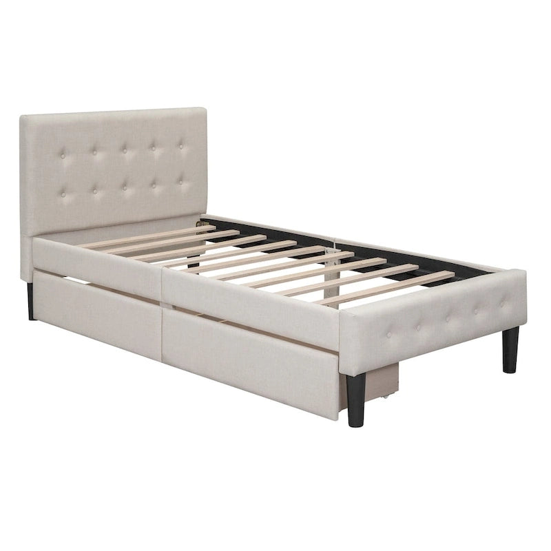 Lit plateforme rembourré de taille double avec 2 tiroirs