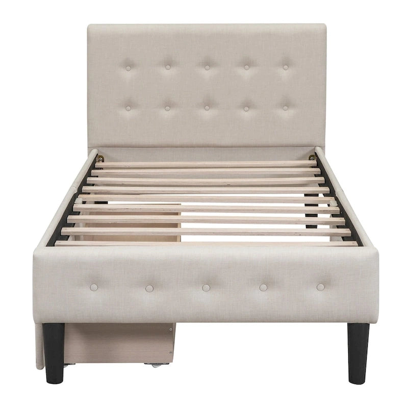 Lit plateforme rembourré de taille double avec 2 tiroirs