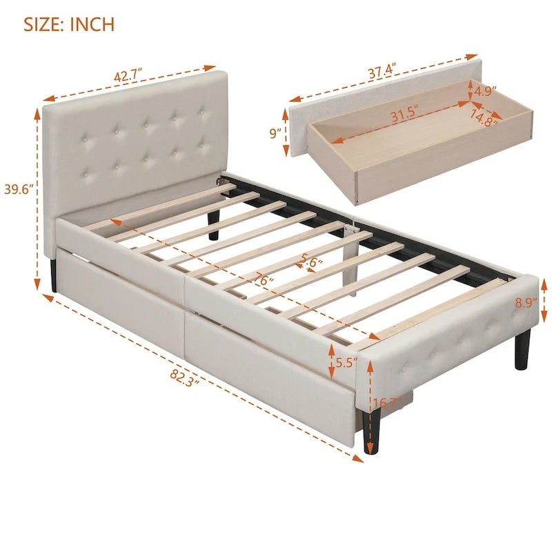 Lit plateforme rembourré de taille double avec 2 tiroirs