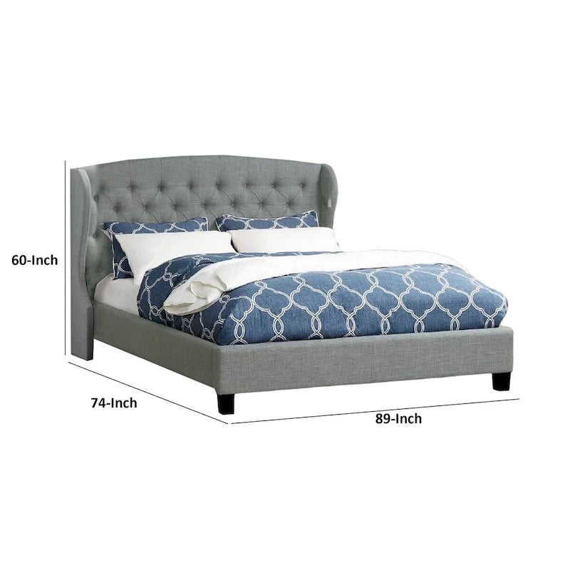 Lit Jimi California King, tête de lit ailée rembourrée, polyester gris