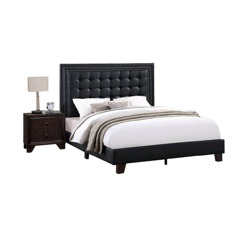 Lit plateforme California King Vea, rembourrage touffeté, similicuir noir