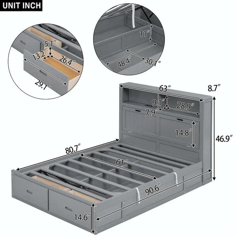 Lit plateforme hydraulique Queen en bois avec rangement et tête de lit LED