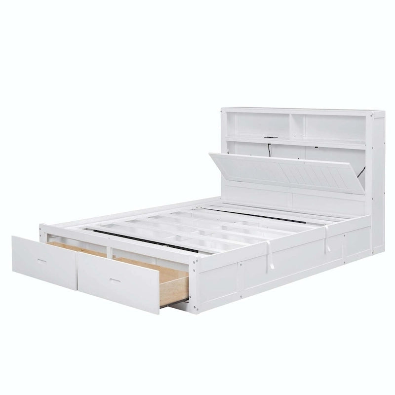 Lit plateforme hydraulique Queen en bois avec rangement et tête de lit LED