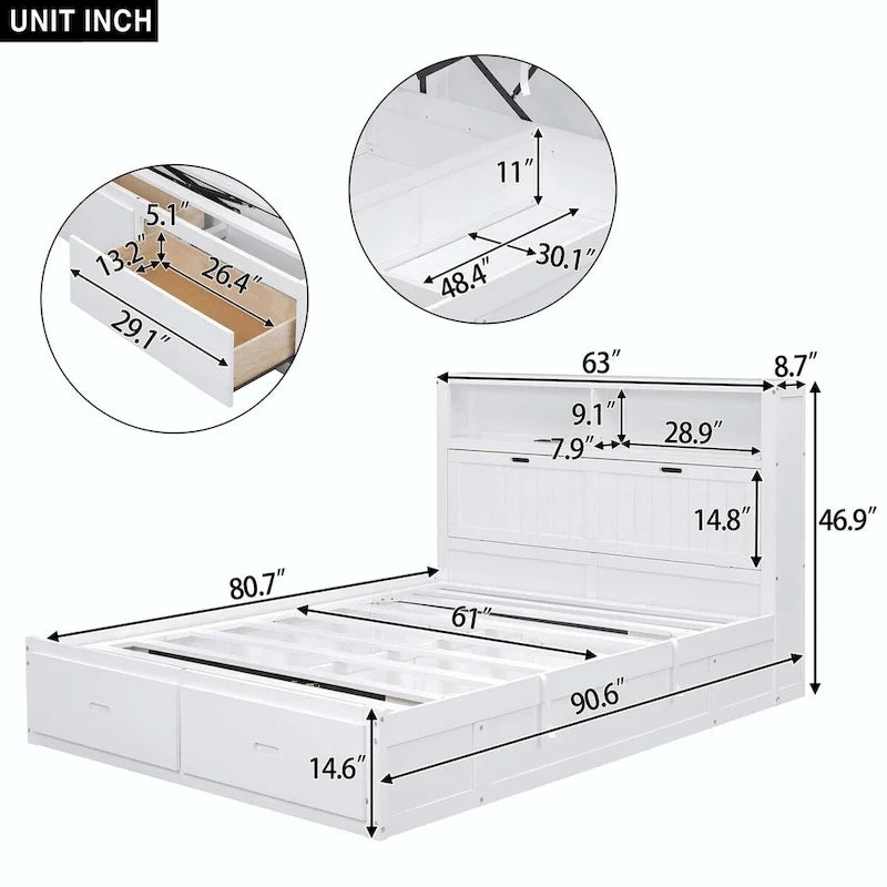 Lit plateforme hydraulique Queen en bois avec rangement et tête de lit LED