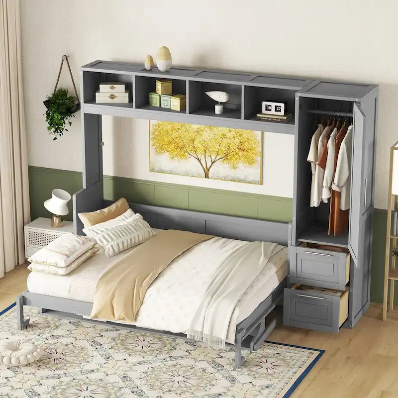 Lit escamotable Queen Size avec armoire et tiroirs, Gris