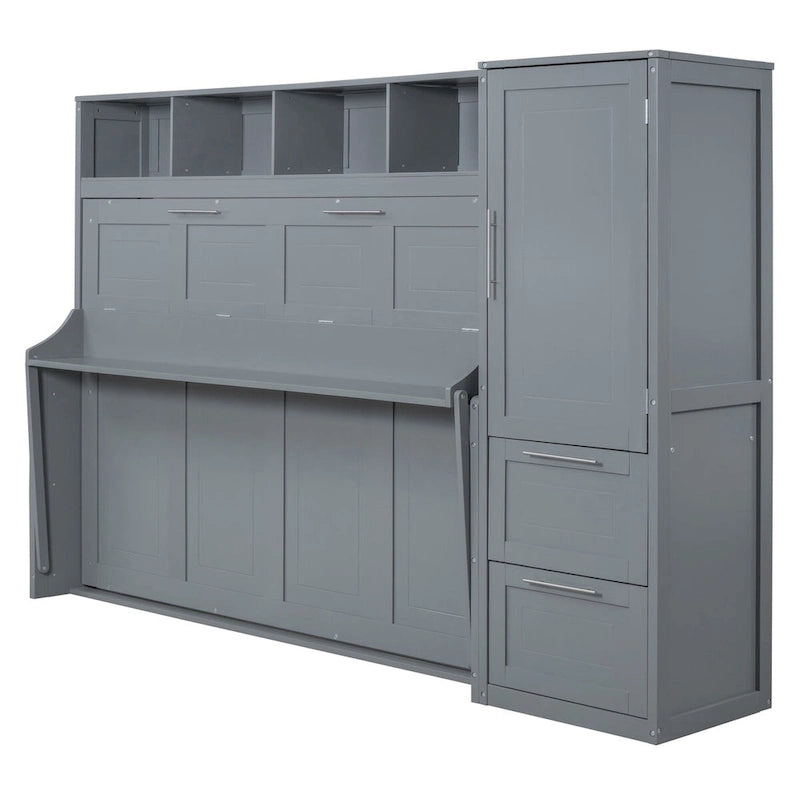 Lit escamotable Queen Size avec armoire et tiroirs, Gris