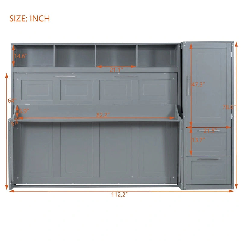 Lit escamotable Queen Size avec armoire et tiroirs, Gris