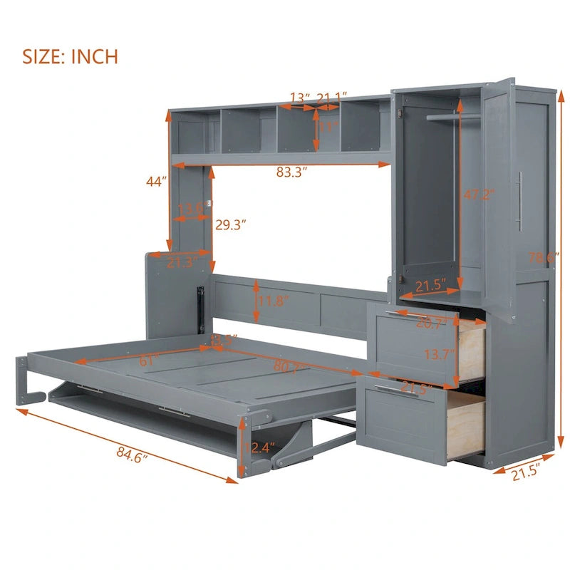 Lit escamotable Queen Size avec armoire et tiroirs, Gris