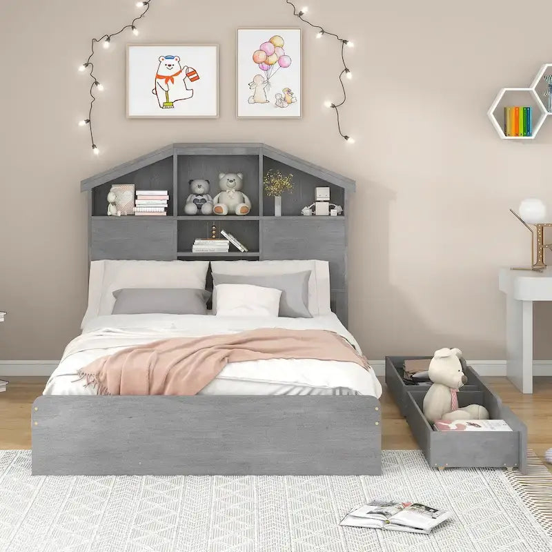 Lit plateforme en bois avec tête de lit de rangement en forme de maison et 2 tiroirs