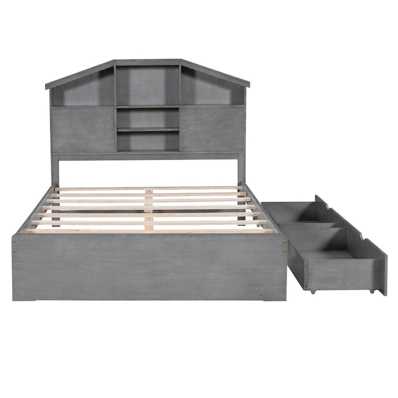 Lit plateforme en bois avec tête de lit de rangement en forme de maison et 2 tiroirs