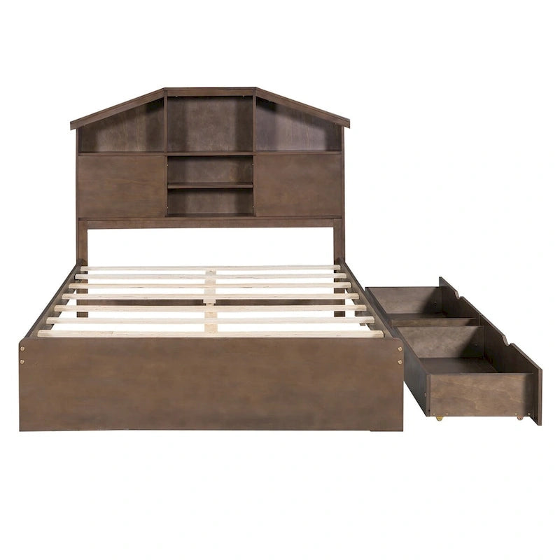 Lit plateforme en bois avec tête de lit de rangement en forme de maison et 2 tiroirs