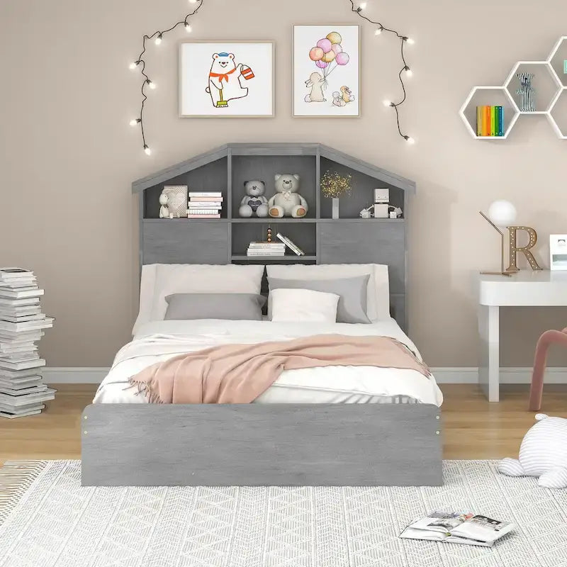 Lit plateforme en bois avec tête de lit de rangement en forme de maison et 2 tiroirs