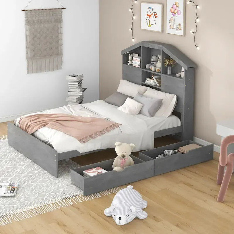 Lit plateforme en bois avec tête de lit de rangement en forme de maison et 2 tiroirs
