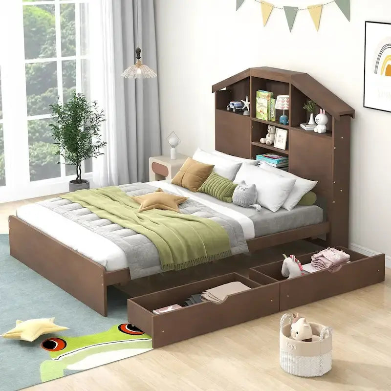 Lit plateforme en bois avec tête de lit de rangement en forme de maison et 2 tiroirs