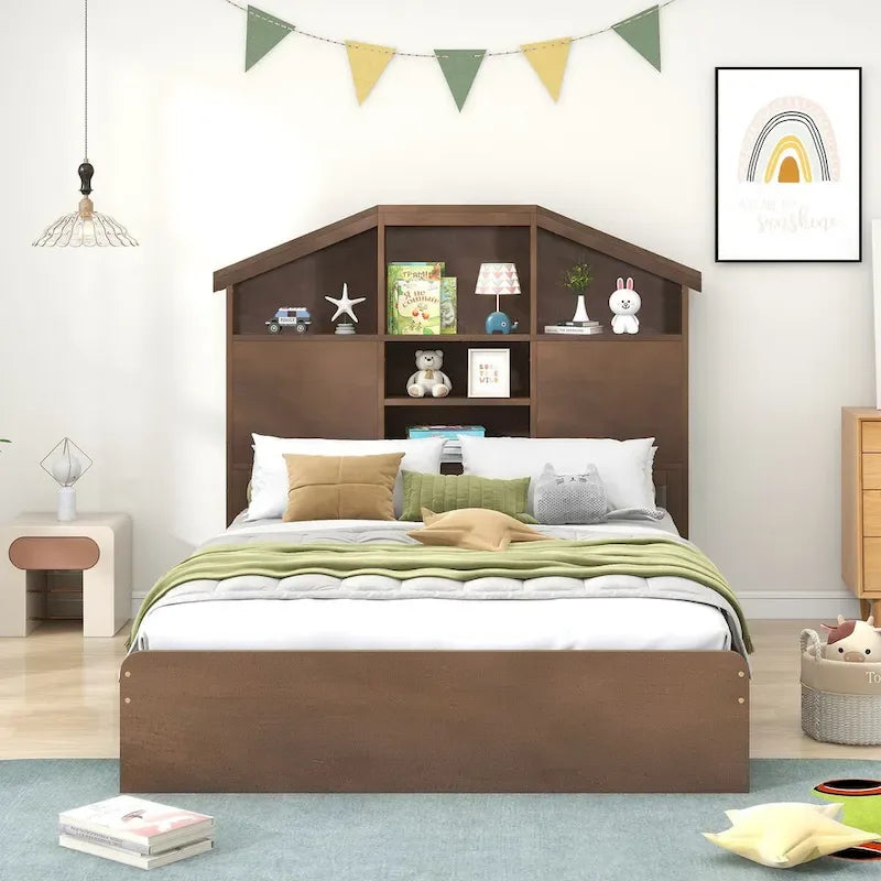 Lit plateforme en bois avec tête de lit de rangement en forme de maison et 2 tiroirs