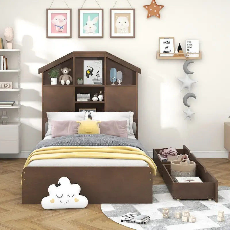 Lit plateforme en bois avec tête de lit de rangement en forme de maison et 2 tiroirs