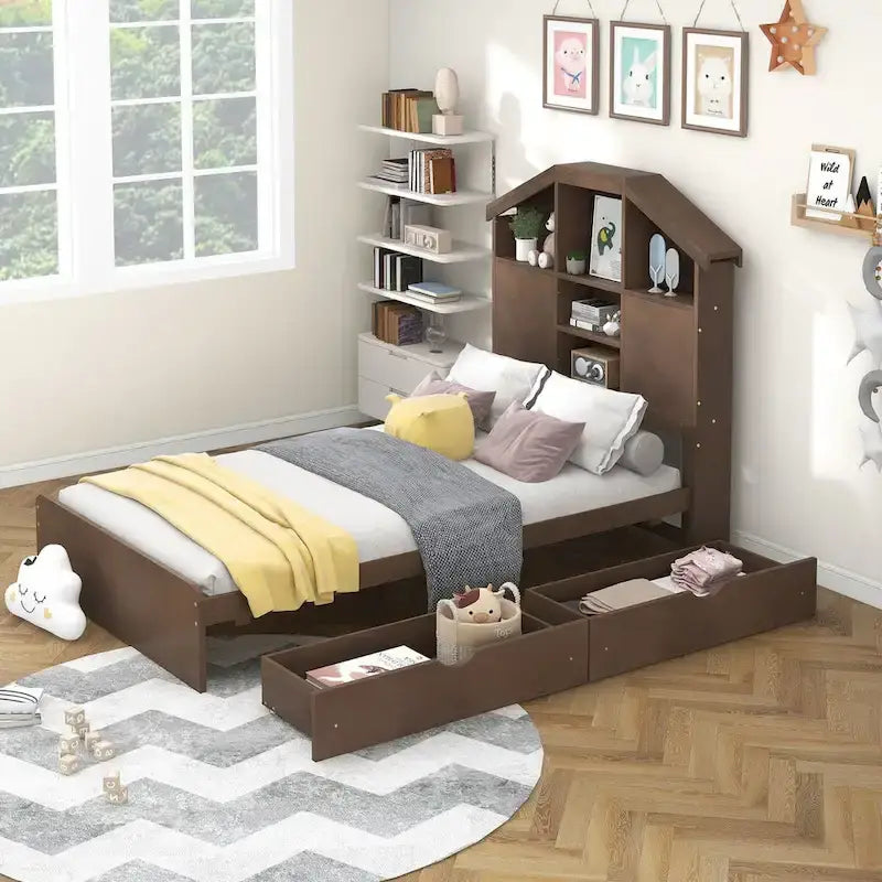 Lit plateforme en bois avec tête de lit de rangement en forme de maison et 2 tiroirs