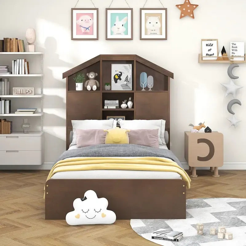 Lit plateforme en bois avec tête de lit de rangement en forme de maison et 2 tiroirs