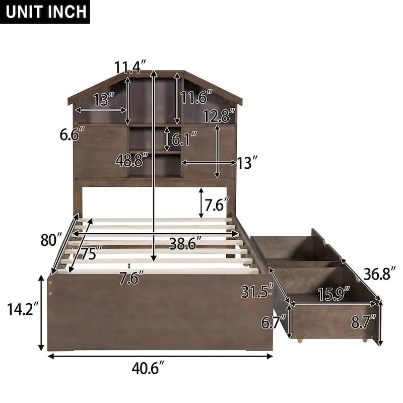 Lit plateforme en bois avec tête de lit de rangement en forme de maison et 2 tiroirs