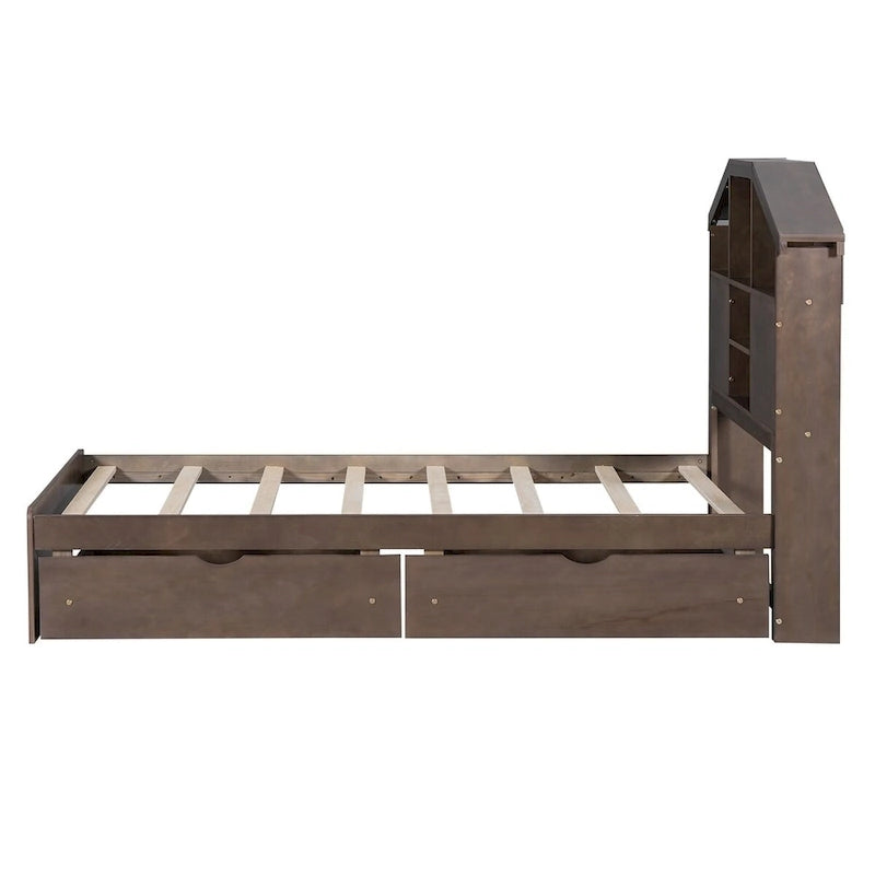 Lit plateforme en bois avec tête de lit de rangement en forme de maison et 2 tiroirs