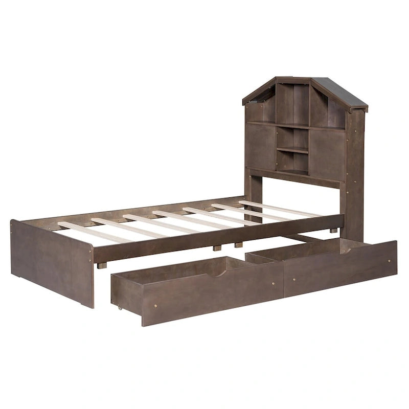 Lit plateforme en bois avec tête de lit de rangement en forme de maison et 2 tiroirs