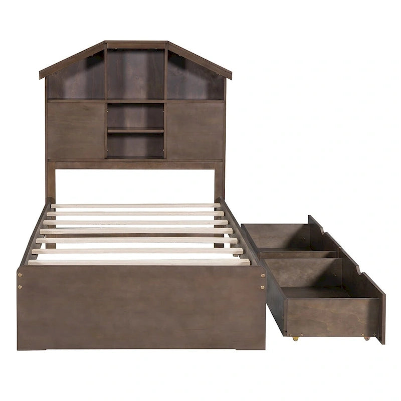 Lit plateforme en bois avec tête de lit de rangement en forme de maison et 2 tiroirs