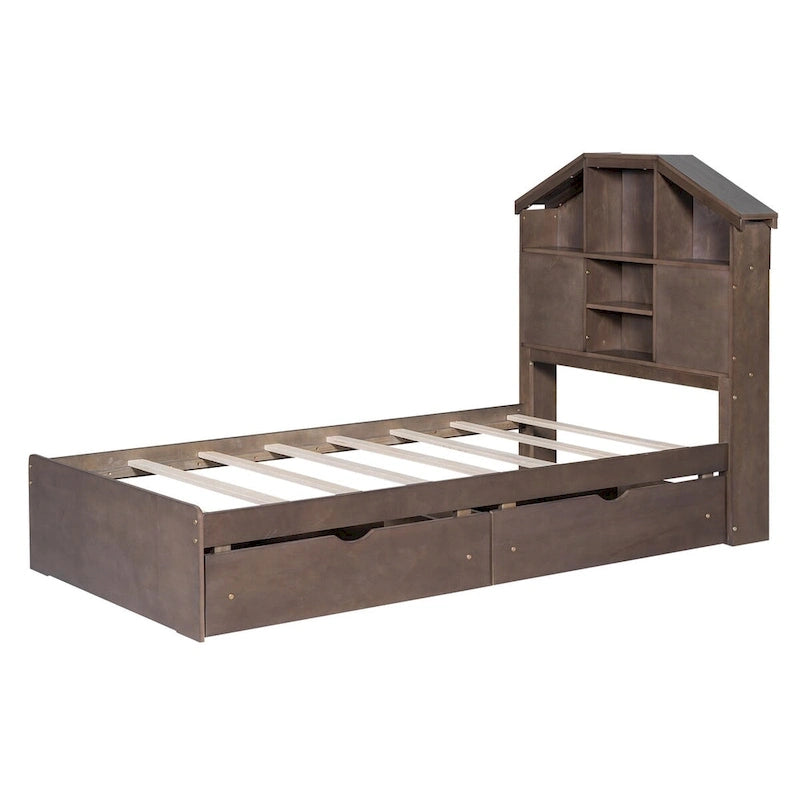 Lit plateforme en bois avec tête de lit de rangement en forme de maison et 2 tiroirs