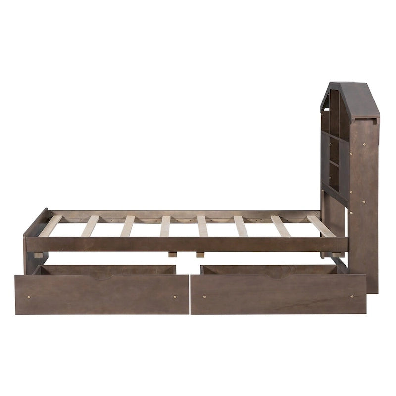 Lit plateforme en bois avec tête de lit de rangement en forme de maison et 2 tiroirs