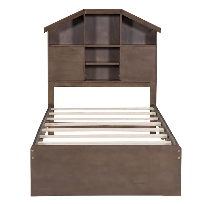 Lit plateforme en bois avec tête de lit de rangement en forme de maison et 2 tiroirs