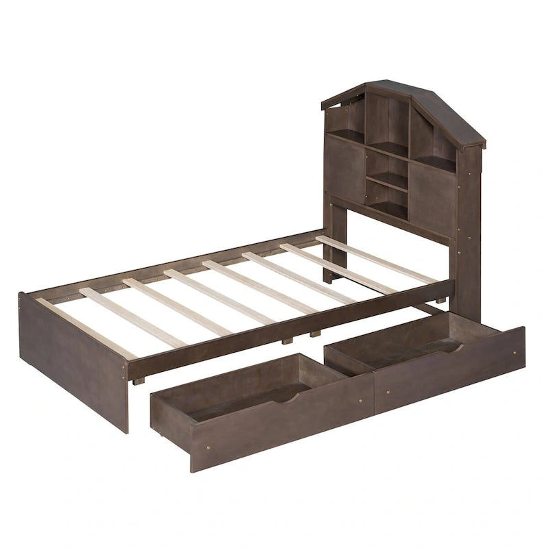 Lit plateforme en bois avec tête de lit de rangement en forme de maison et 2 tiroirs